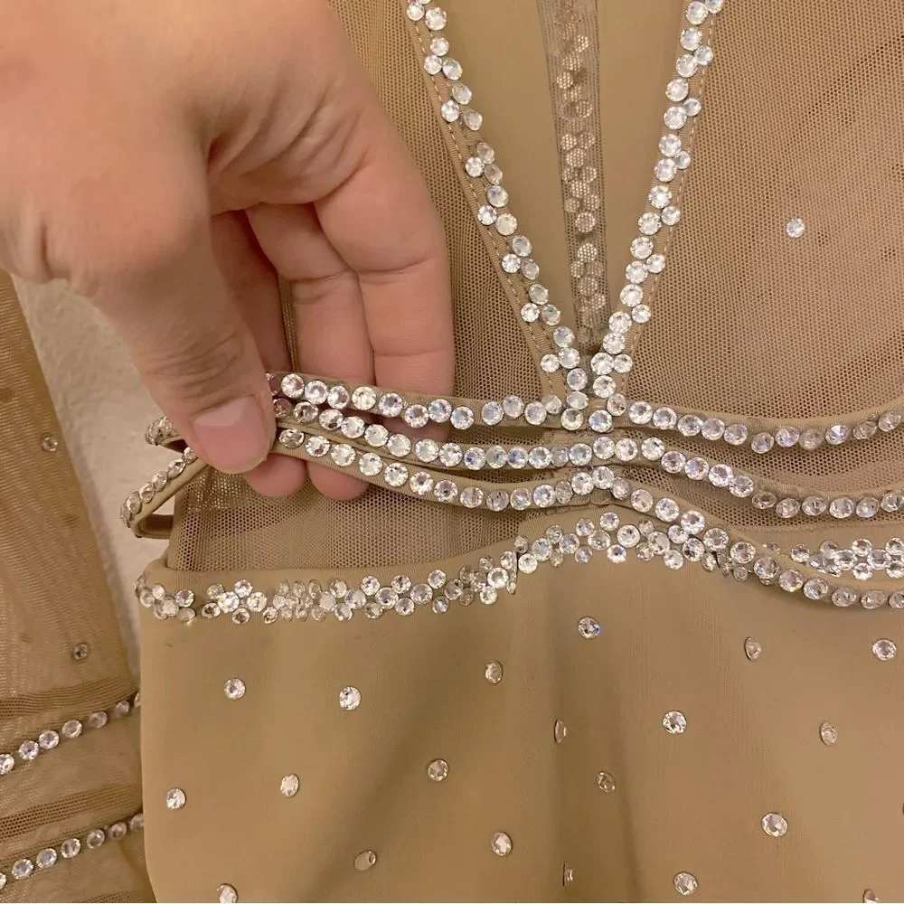 LA dance solo custom tan nude beige illusion leotard costume bedazzled bling LC